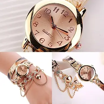 

Women's Rhinestone Bracelet Leopard Faux Leather Band Winding Wrap Wrist Watch