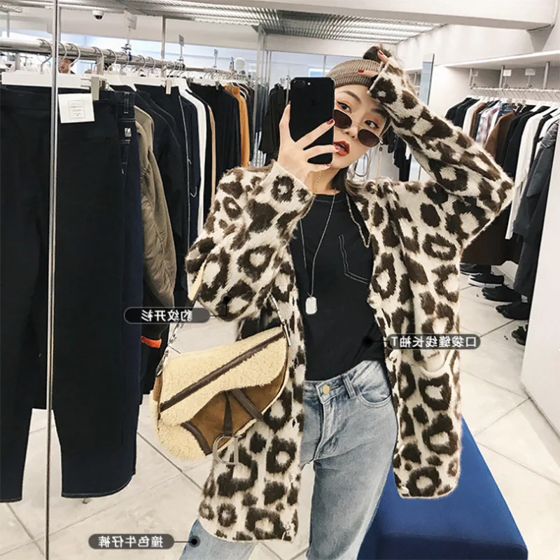 

2019 Autumn New Hippocampus Hair Leopard Tattoo Knitted Lazy Wind Net Red Sweater Cardigan Jacket Winter Clothes Women Sweaters