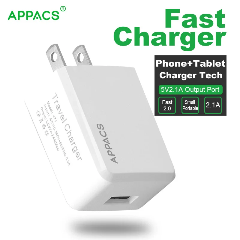

APPACS 5V 2.1A Phone Fast USB Charger Travel Wall Charger Quick Charge 2.0 Compatible US Plug for iPhone Samsung Xiaomi Huawei
