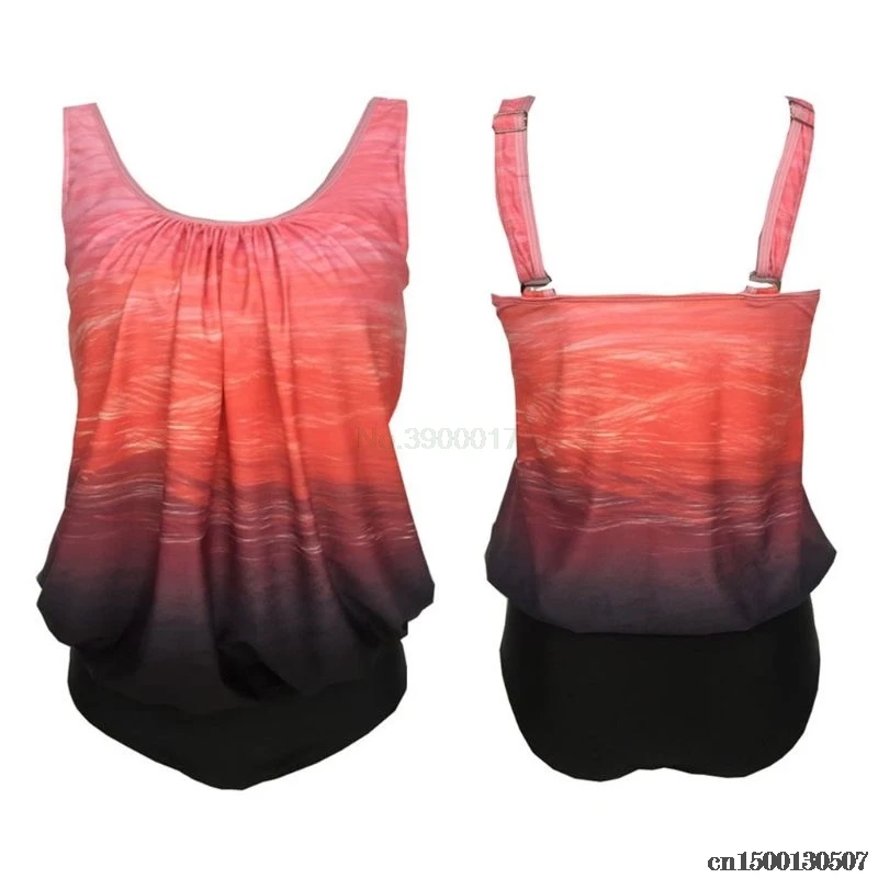 Drop Ship Summer Plus Size Bikini Set Ruched Pleated Abstract Gradient Color Loose Tank Top Swimsuit Solid Thong Bathing Suit