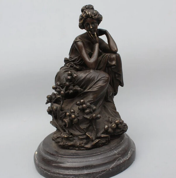 

free 8"Western Bronze Marble Seat Fruit oomph nude woman belle Art Statue sculptue fast