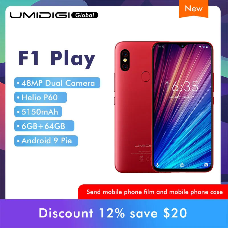Flash Deal UMIDIGI F1 Play Android 9.0 6GB RAM 64GB ROM 48MP+8MP+16MP Cameras 5150mAh 6.3" FHD+ Helio P60 Global Version Smartphone Dual 4G 1