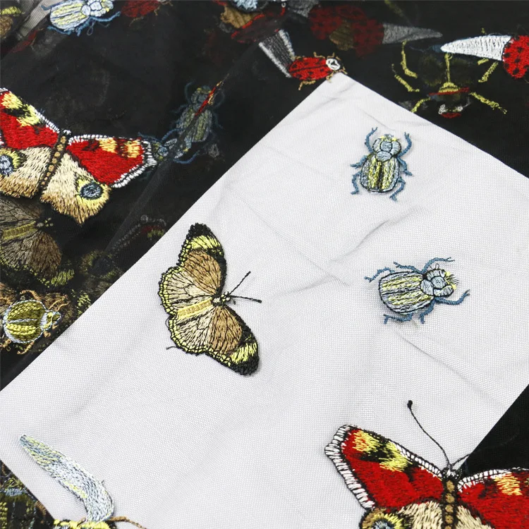 Mesh butterfly embroidered fabric multicolor floral insect embroidery