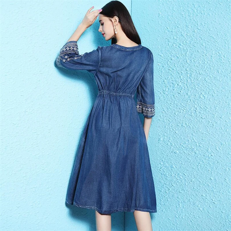 Women Spring autumn embroidered Drawstring slim waist Sexy V-neck Denim Dresses Vintage Jeans Dress Streetwear Plus Size Vestido