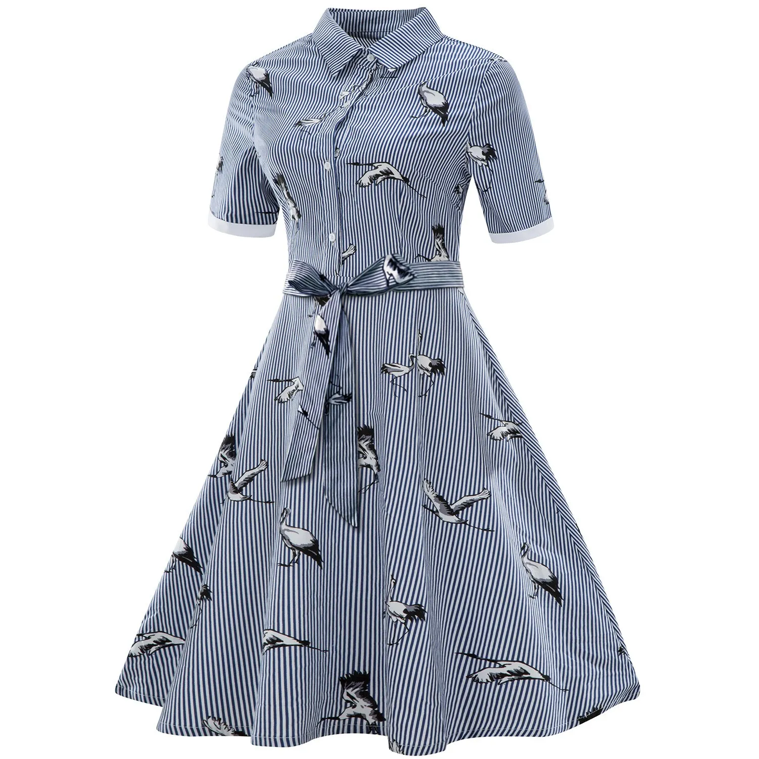 

2019 Summer Plus Size Women Turn Down Collar Vintage Dress Stripe Print Shirt Dress Short Sleeve A-Line Dress