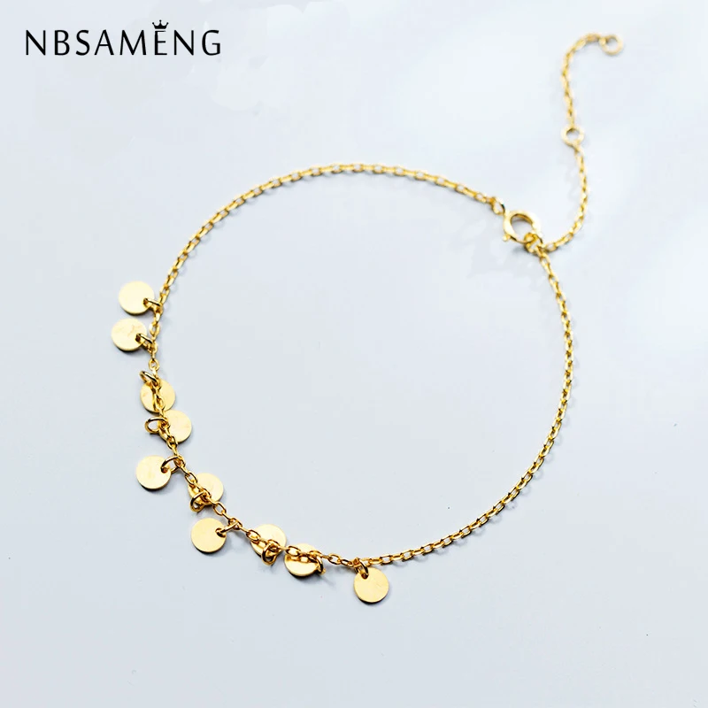 NBSAMENG 925 Sterling Silver Golden Round Wafer Tassel Bracelet For Women Adjustable Bracelets Gift Jewelry Free Shipping | Украшения и