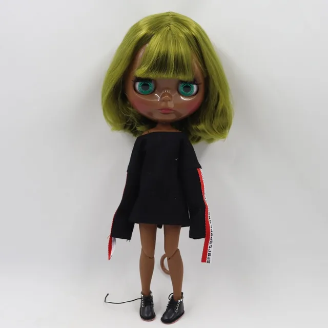 Neo Blythe Doll Pelo Corto Verde Cuerpo Articulado Piel Oscura
