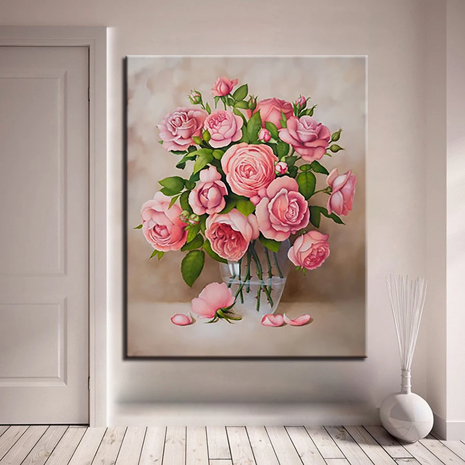 

Pink Roses DIY Painting By Numbers Drawing Kits Coloring Flowers Vase Oil Pictures Acrylic Hand Paint On Canvas For Home Decor