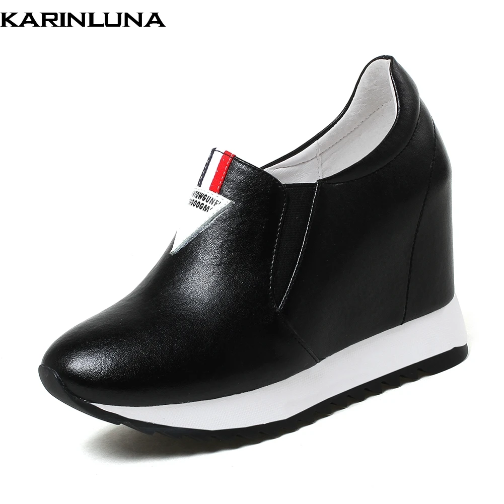 

KARINLUNA 2018 Large Size 32-40 Cow Leather Elastic Band Casual Vulcanize Shoes Woman Black White High Heels Sneaker Shoes