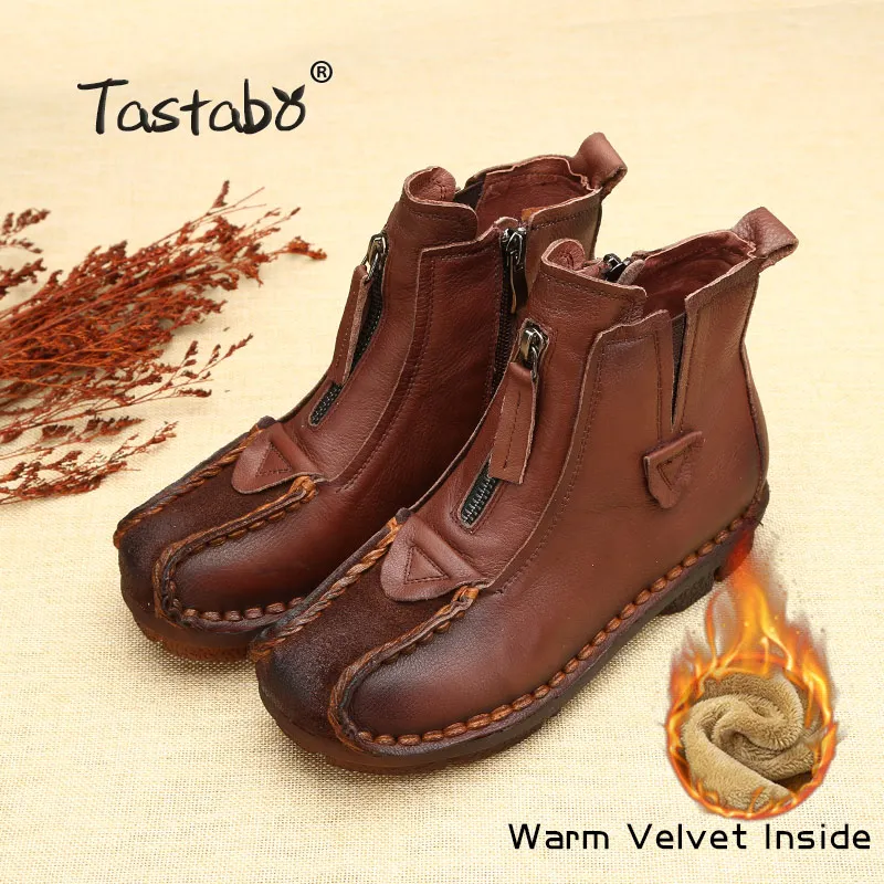 Tastabo/ботильоны из натуральной кожи; бархатная женская мягкая обувь на плоской подошве ручной работы; удобные повседневные Мокасины; женская обувь - Цвет: winter boots