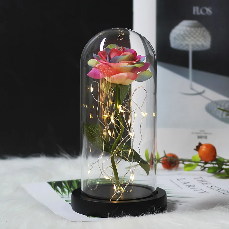 

9 Colour Beauty And The Beast Red Rose In Flask A Glass Dome On A Wooden Base For Valentines Day Gift LED Rose Lamps Christmas