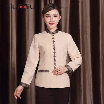 

Retro Print Hotel Restaurant Cleaning Workwear Uniform Long Sleeve Stripe Collar Housekeeping Cleaning Service Waiter WorkJacket
