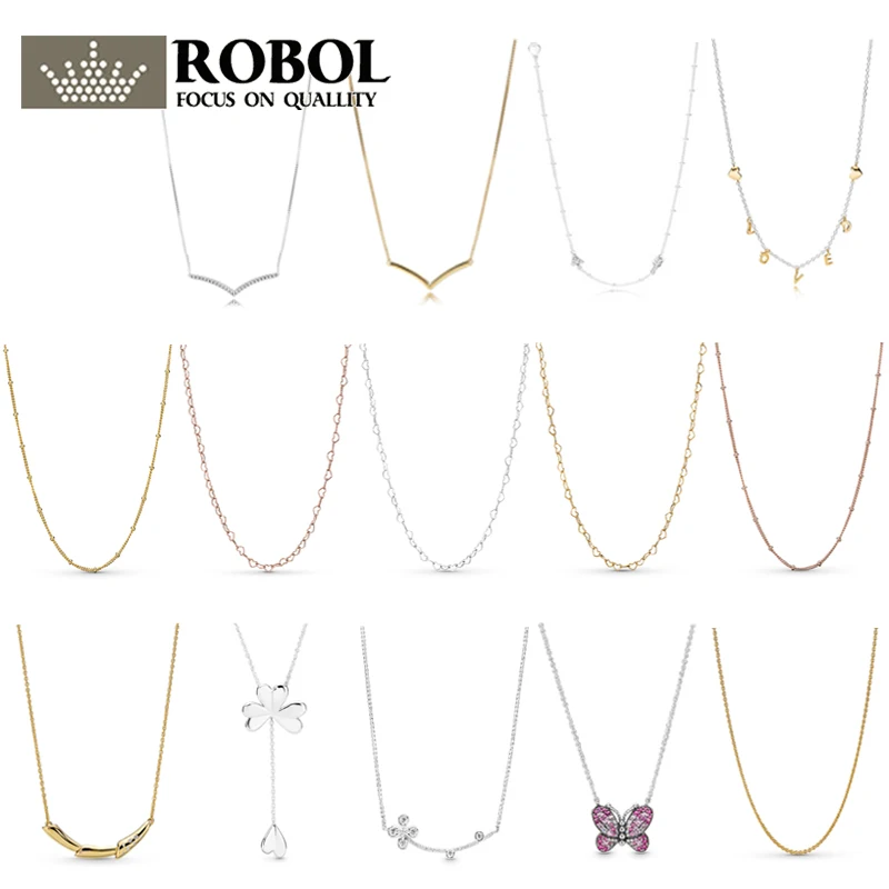 

ROBOL 100% 925 Sterling Silver Original 1:1 Ladies Temperament Simple V-shaped Letter Butterfly Four-leaf Clasp Necklace Jewelry