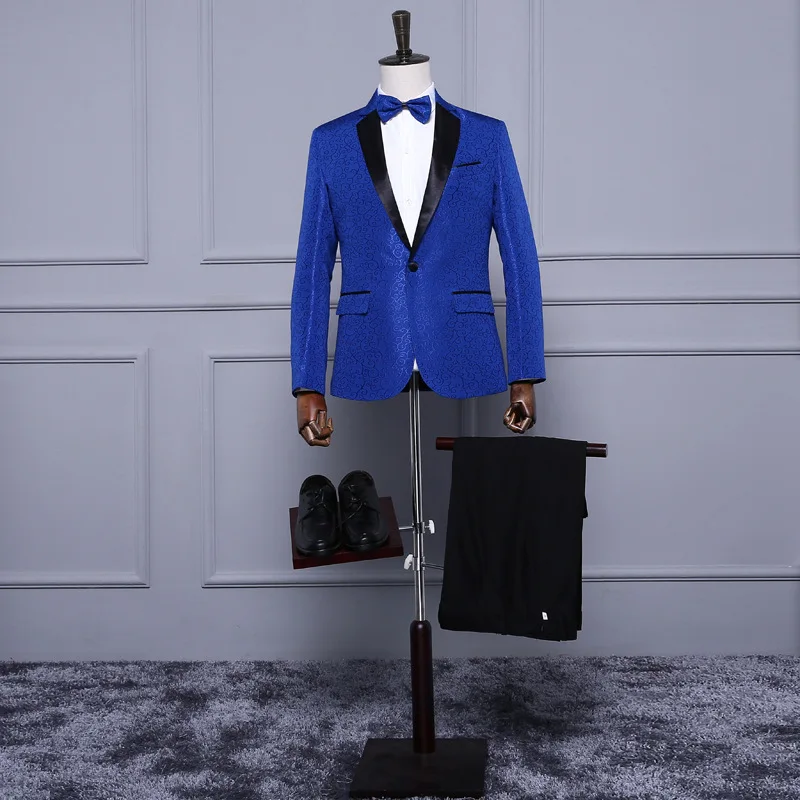 Ярко-Синий Красный Белый ЖАККАРД мужской классический костюм Slim Fit Свадебные смокинги со штанами Жених сценический для певца костюм Homme