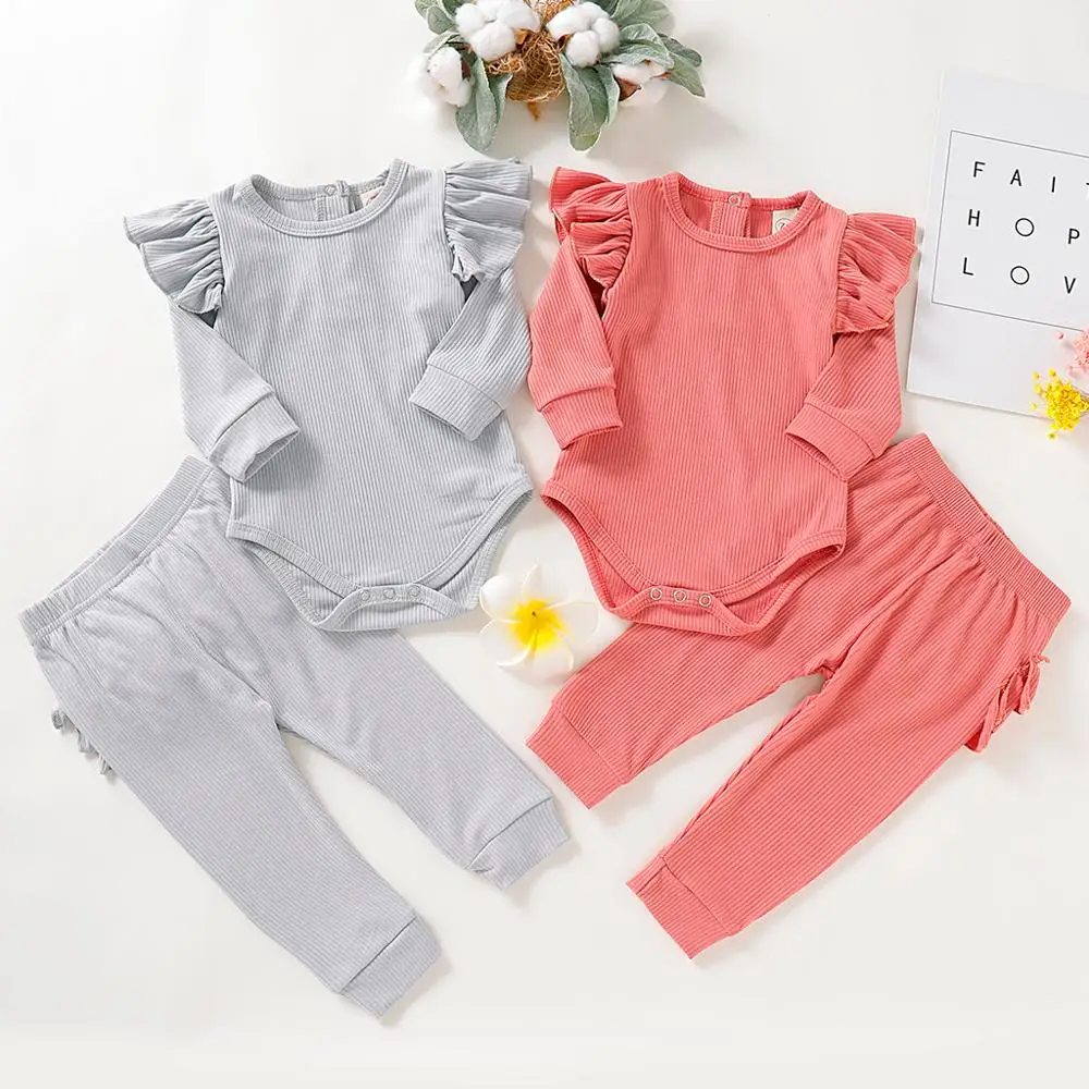 Spring and Autumn Infant Baby Boys Girls Solid Gray Red Ruffled Tops +Pants Homewear Casual Stretchy Outfits Breathable Set Z19$ | Детская