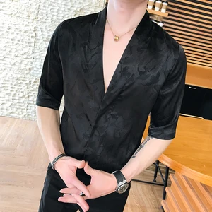 Pink Shirts Men's Silk Shirts Luxury Camisa Social Slim Fit Satin Black Shirts Men's Fashion Japanese Summer