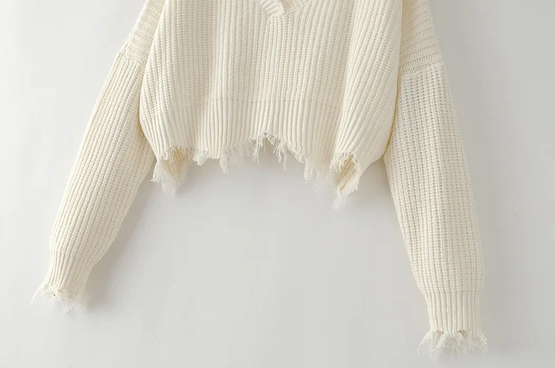 Осенне-зимний женский свитер с v-образным вырезом, однотонный теплый свитер большого размера с длинным рукавом, Повседневный пуловер, свободные вязаные свитера с кисточками
