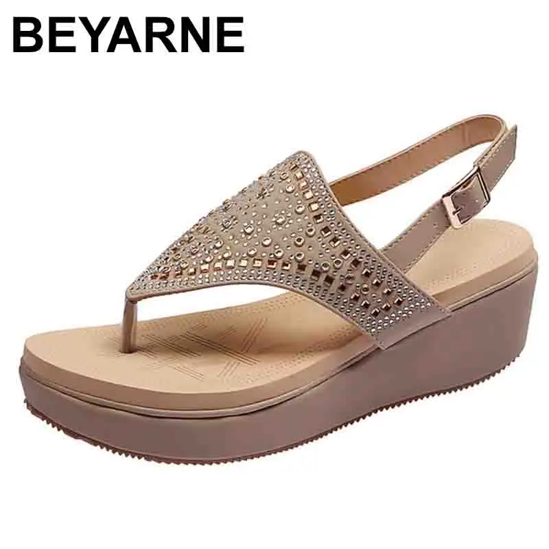 BEYARNENew/женские босоножки; Модная Летняя женская обувь; женские модные повседневные босоножки на танкетке с кристаллами; большие размеры