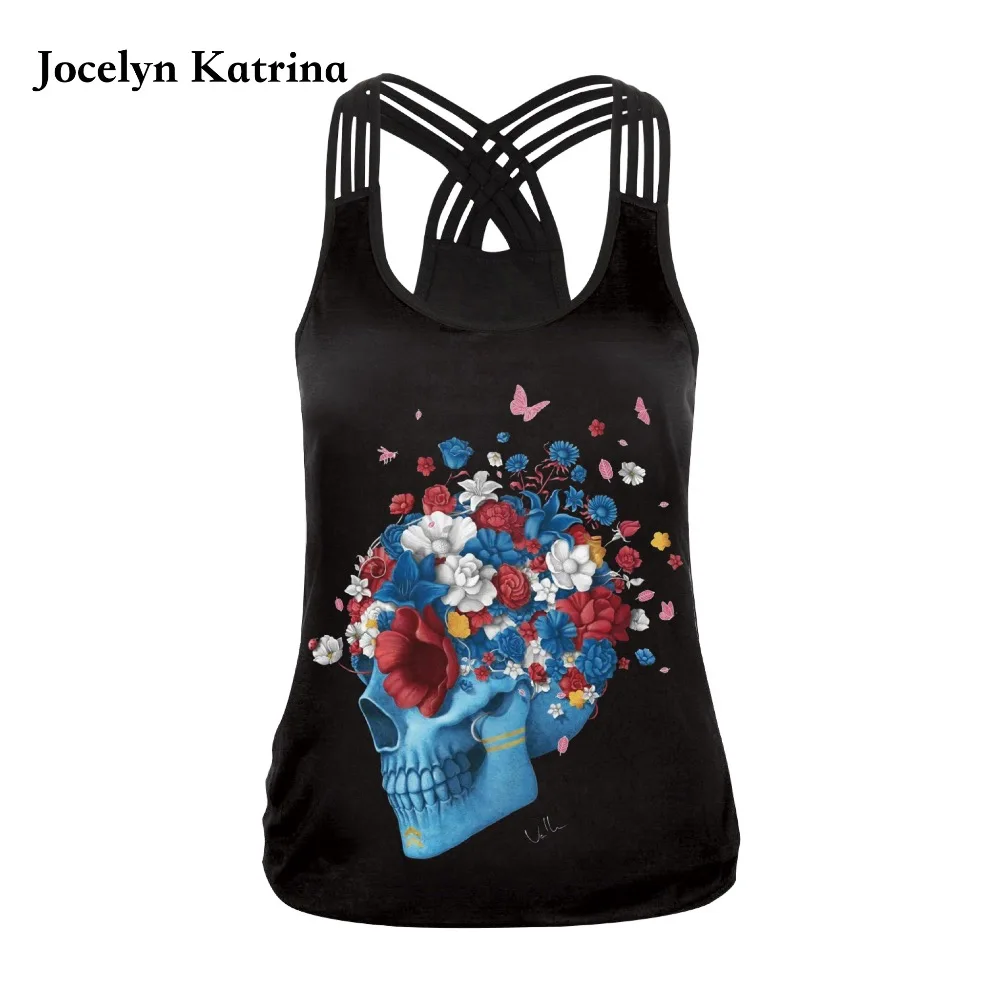 

New butterfly skull skull head digital 3D print running vest female yoga vest European and American sports cross sling clothes