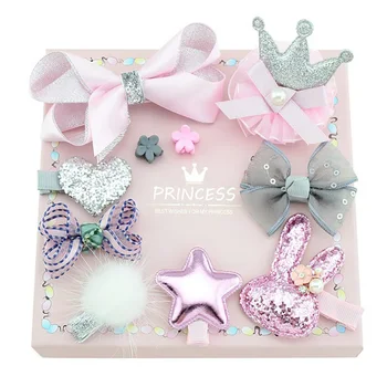 

1 Set 10pcs/box Bowknot Kids Lovely Hairclip Heart Star Bow Crown Fur Ball Flower Print Ribbon Bow Hair Accessory A213