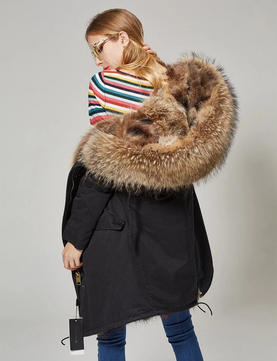 Winter Women's Real Raccoon Fur Coat Fur Collar Hooded Parka Warm ...