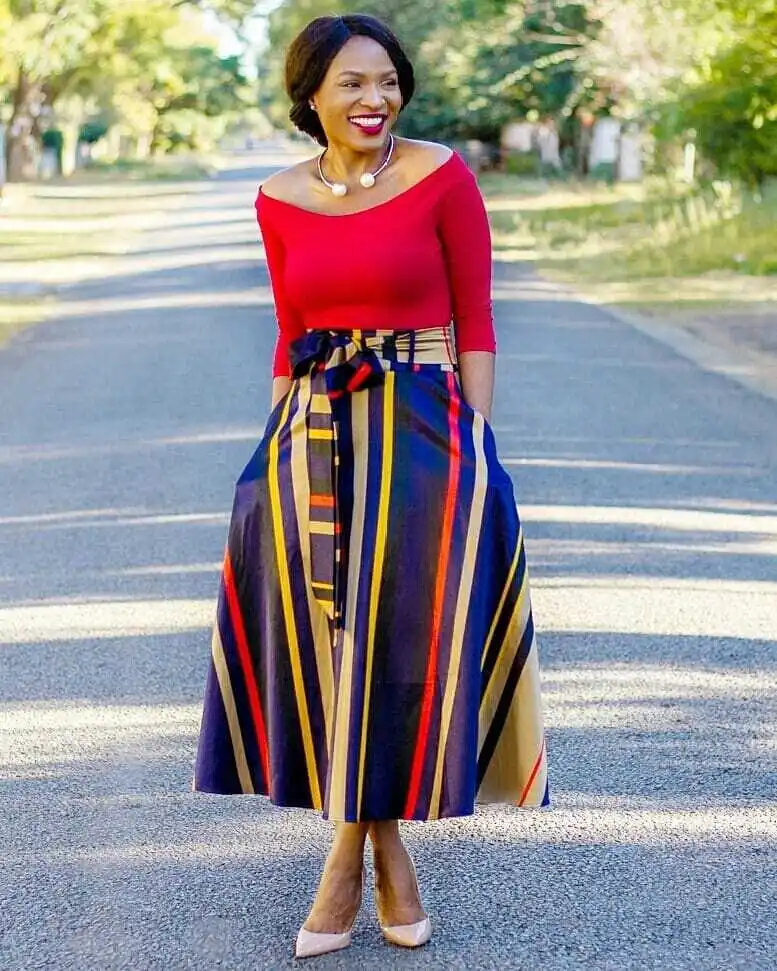 Elegant Casual Loose Women Skirt Striped High Waist Long Ladies Skirts Ankle-Length Party Skirt