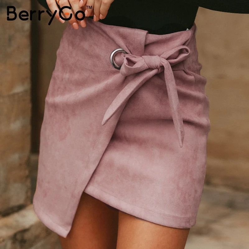 

BerryGo Asymmetrical sash bow suede skirts women High waist split sexy black skirts 2018 Autumn winter casual mini skirts female