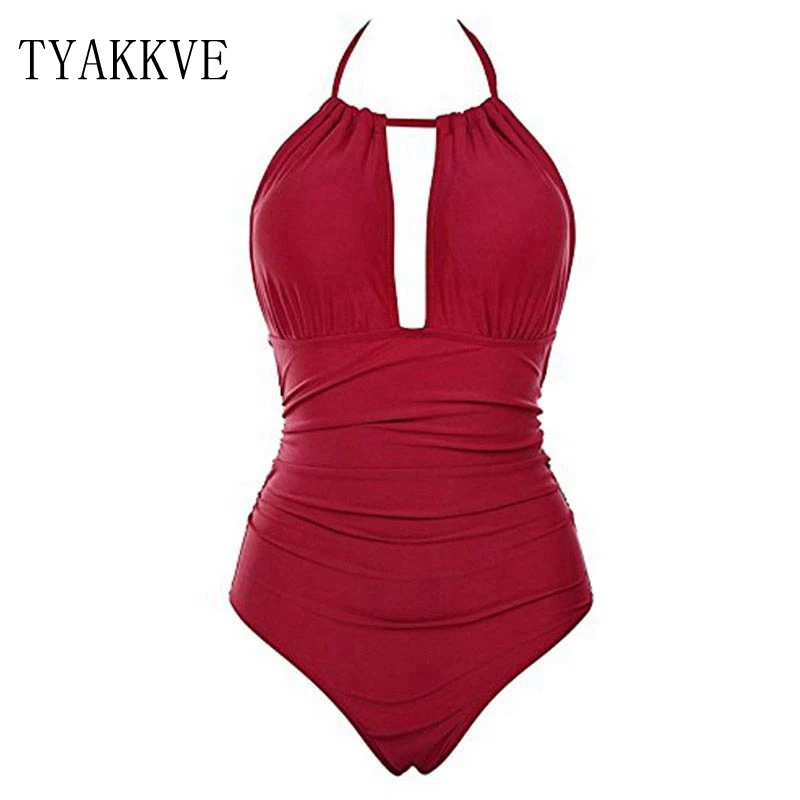 TYAKKVE 2020 Women One-piece Swimsuit Deep V Bikini Vintage Backless Ladies Bathing Suit Tummy Control Swimwear Plus Size S-XXXL