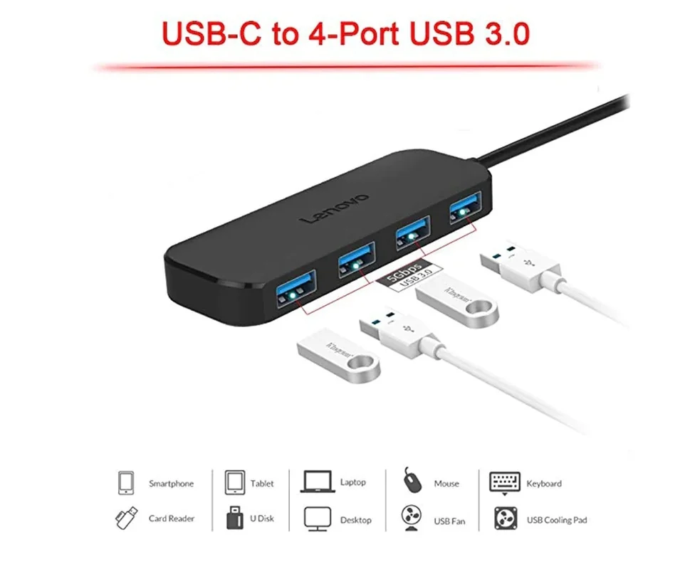 lenovo C611 тип-c до 4 USB 3,0 концентратор данных-черный C611 тип-c сплиттер компьютерный конвертер USB-C концентратор 4-портовый 3.0HUB