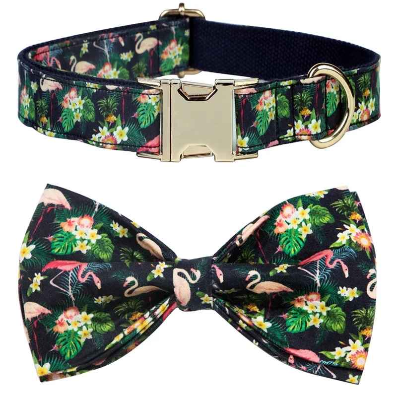 

summer Flamingo Dog collar with bowtie ,Dog Leash Set Personalized Pet Dog Gift Set