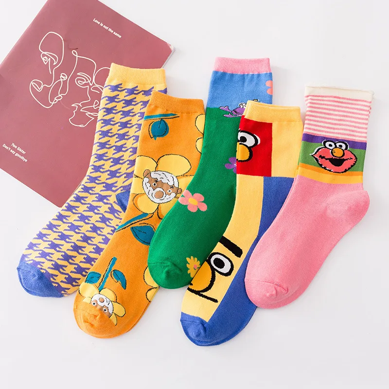 Хлопковые носки для отдыха для женщин; Носки с рисунком из аниме «Улица Сезам»; носки с подсолнухом; стильные носки для девочек; Q1479