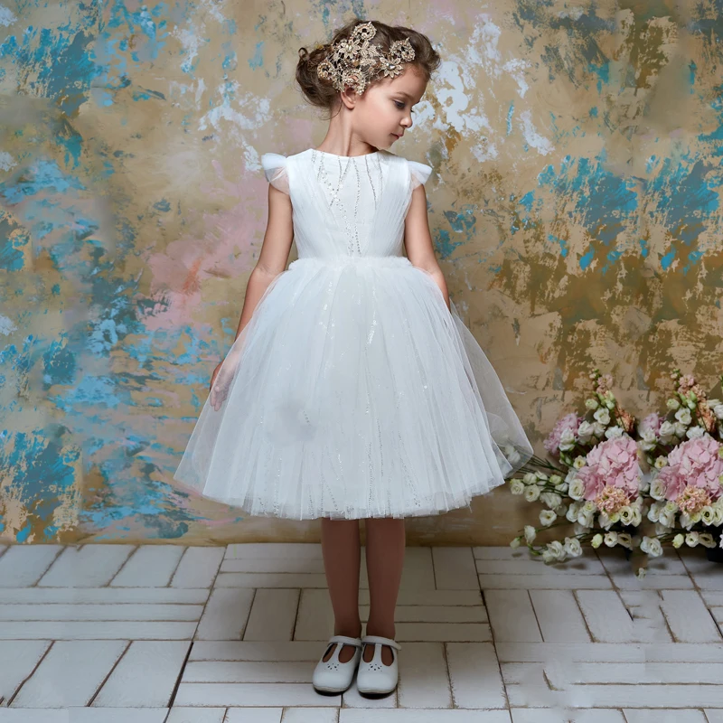Белое платье с цветочным узором для девочек Дети Театрализованное на день рождения официальная вечеринка по колено сладкая принцесса