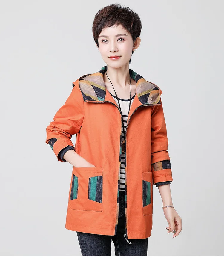 Ветровка с капюшоном и длинными рукавами из хлопка размера плюс, весна-осень, пальто для женщин среднего возраста, женская одежда x920