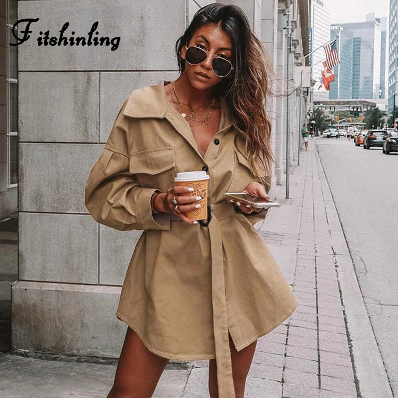 

Fitshinling 2019 Autumn Winter Long Trench Coat Especially Female Fashion Khaki Slim Women Windbreaker Pocket Women's Raincoats