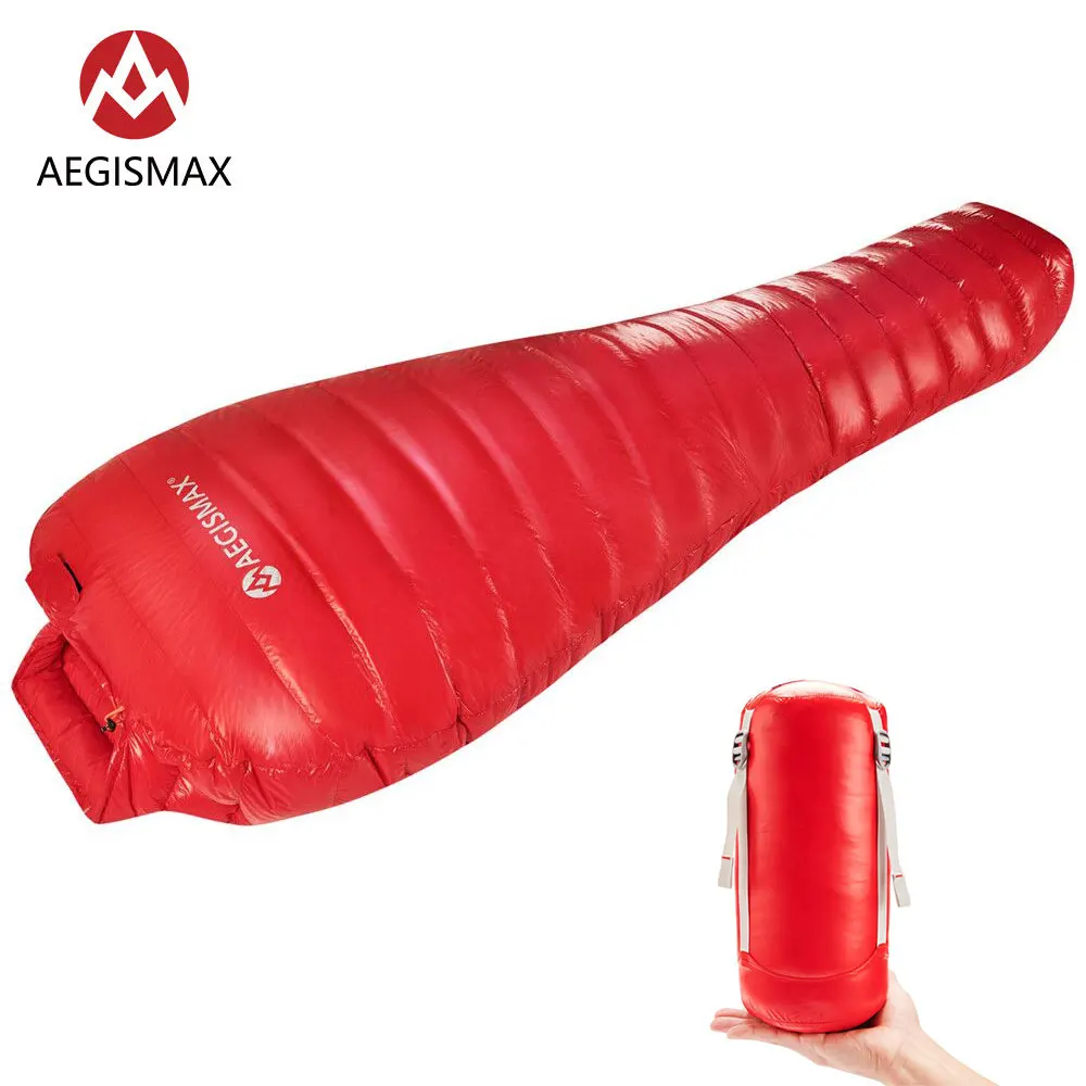 

AEGISMAX New Mini Upgrade Sleeping Bag 95% White Goose Down Splicing Mummy Ultralight Hiking Camping 800 FP Nano Red