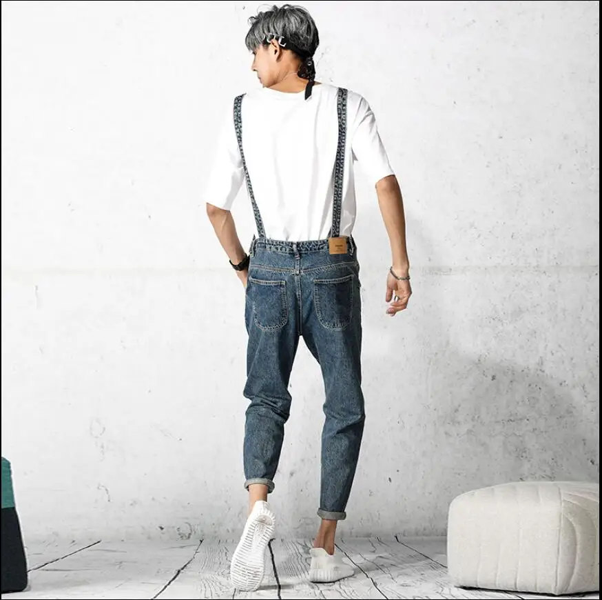 2021 Spring New Denim Strap Pants Men S Siamese Sling Pants Tide Brand Handsome Loose Tooling Feet Pants Hairstylist Bib Pants Jeans Aliexpress