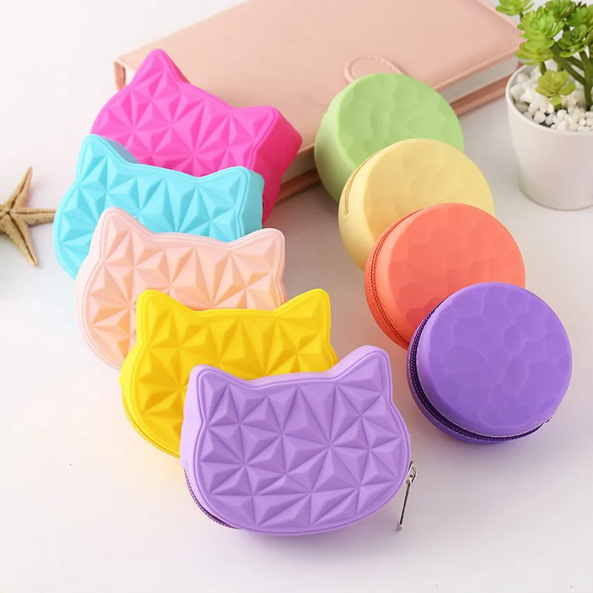 

Candy Color Cute Cat Coin Purse Ring Women Silicone Short Wallet Girls Mini Key Wallet For Female Daily Clutch Purse Headset Bag