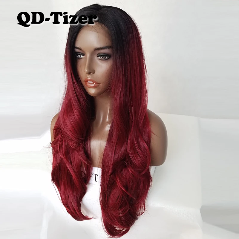 

QD-Tizer Long Body Wave Synthetic Lace Front Wigs Two Tone Omber Burgundy Color Glueless Lace Hair Wigs for Women