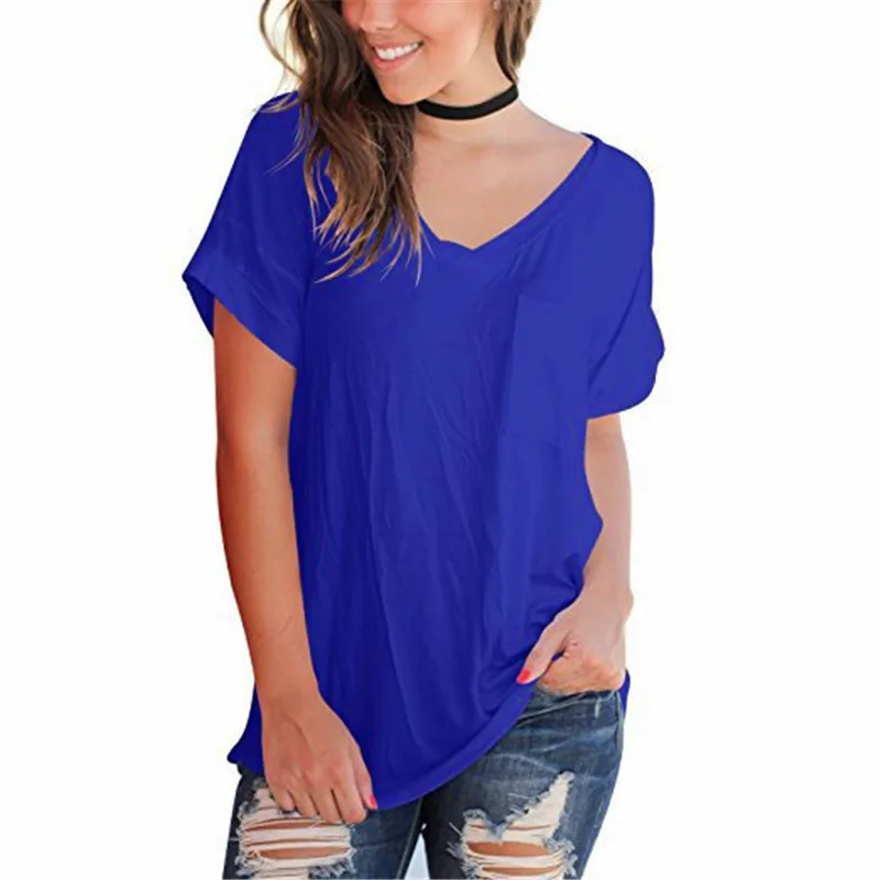 

Spring Summer T-shirt New Women's Tops Pocket V-neck Short-sleeved Loose T-shirts Fashion Ladies Large Size Solid Color Tees