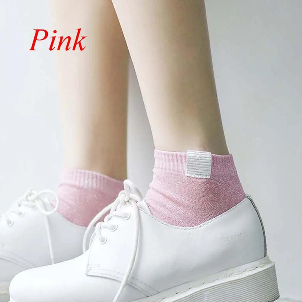 1 пара, женские блестящие носки, модные серебристые, золотые шелковые короткие носки, цветные блестящие носки, блестящие, Calcetines Mujer, дышащие носки - Цвет: pink
