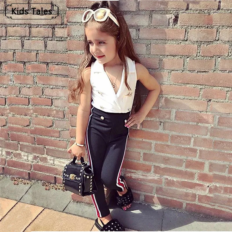 

ST421 Girls Sets Clothes Kids Fashion White Sleeveless Tops Black Pants 2pcs Children Summer Suit Girls Outfits for 2-7 Years