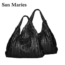 3 размера! Женские сумки из натуральной кожи с рюшами, черная женская сумка из овчины, женская сумка на плечо