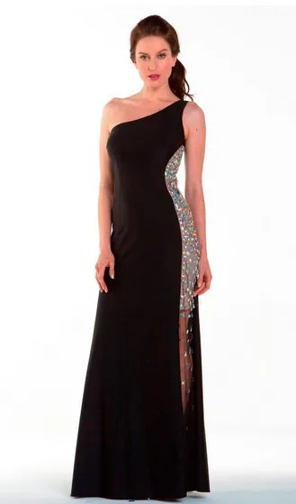 

free shipping maxi dresses 2014 dinner dress one shouler vestidos formales long ball gowns crystal sexy black evening dresses