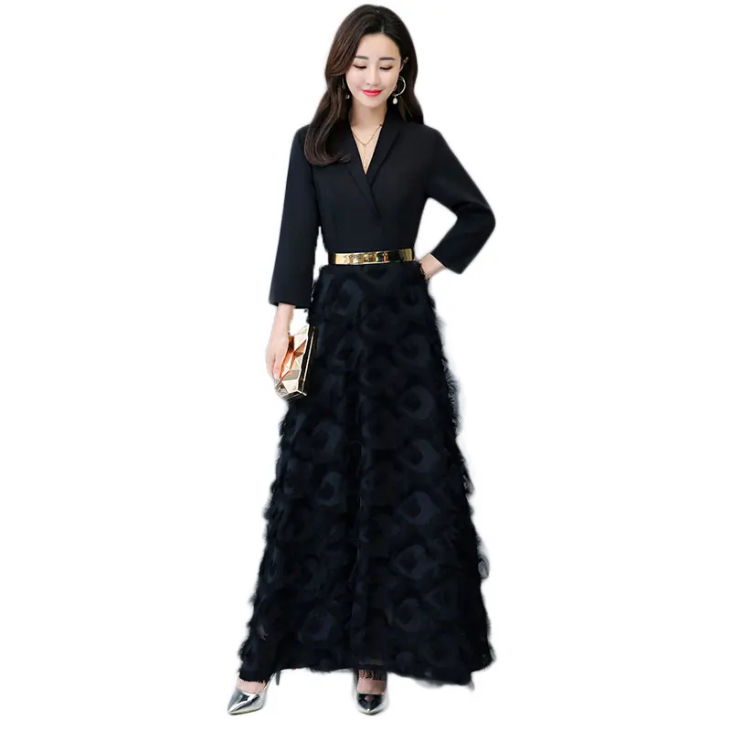 

2019 Spring Autumn Evening Party Dress Women High Quality Vestidos White Black Long Dresses V Neck Brand Design M-XXL Clothes