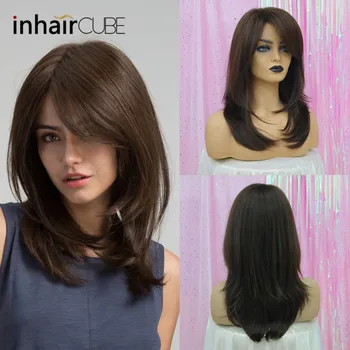 Inhair Cube Women Hair Wigs Ladies Party Daily Natural Wave Dark Brown Side Parting Synthetic Lace Wigs with Bangs Free Shipping 2