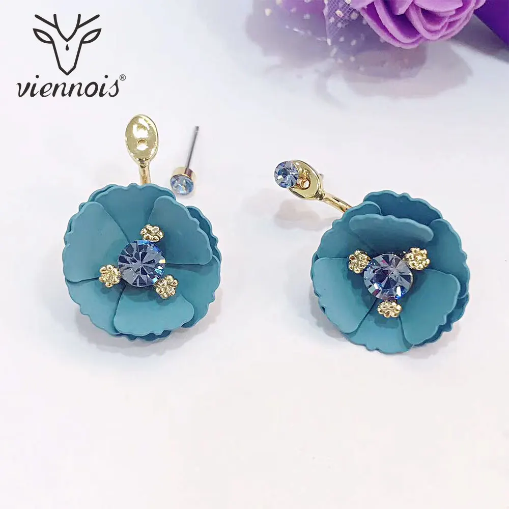 Viennois Light Blue Color Flower Stud Earrings For women Sweet Fashion Rhinestone Earrings