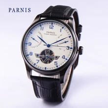2016 Мода 43 мм Parnis Tourbillon Автоматическая Power Reserve Белый Циферблат Черный PVD Случае Часы мужские Наручные Часы