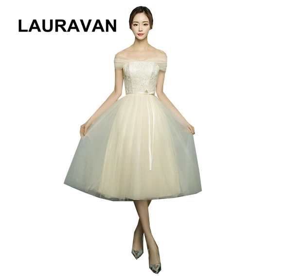 convertible wrap short champagne color tea length bridal ladies bridesmaid dresses tulle bride's maid dress for wedding guest