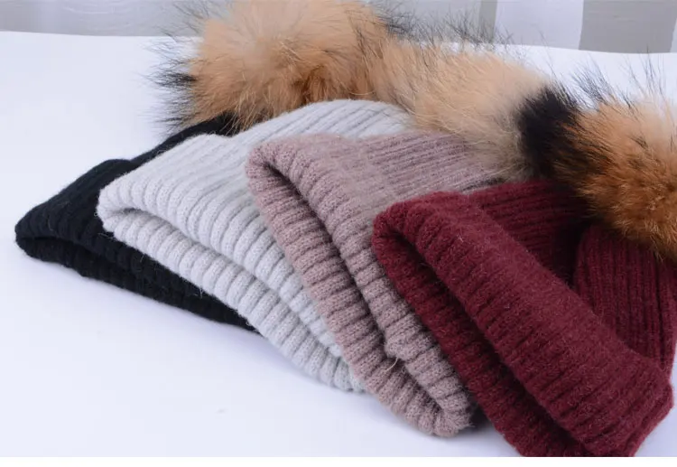 winter hats for girls kids boys knitted hat girl pom pom hat kids girls children natural raccoon Winter hats for children (6)