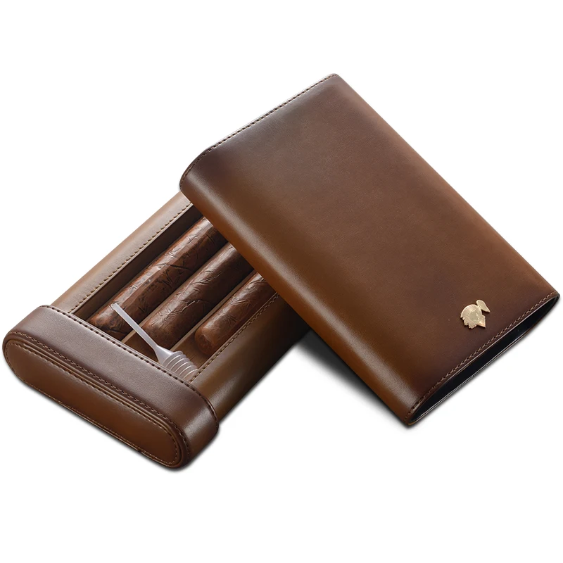 COHIBA High-end Gadget Excellent Brown Leather Portable Cigar Case Holder Travel 3 Lined Cedar Wood Tube W/ Black Gift Box